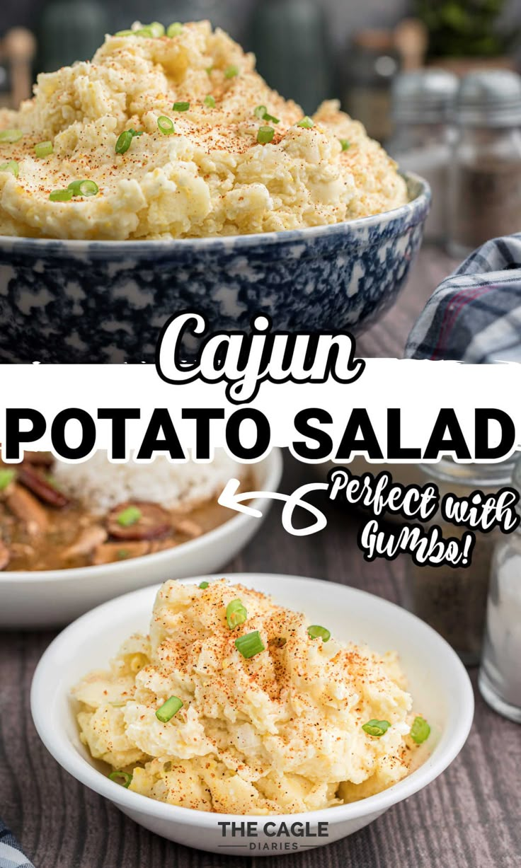 cajun potato salad in a blue and white bowl