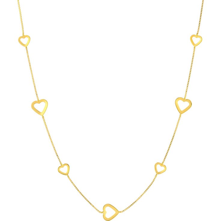 Olas d'Oro 17 Necklace - 14K Yellow Gold Open Heart on Box Chain Adjustable Necklace Classic Necklace With Delicate Chain For Valentine's Day, Valentine's Day Yellow Gold Box Chain Necklace, Elegant Heart Pendant Jewelry With Box Chain, Elegant Heart Pendant With Box Chain, Yellow Gold Heart-shaped Box Chain Jewelry, Yellow Gold Heart Shaped Box Chain Jewelry, Heart Shaped Yellow Gold Box Chain Jewelry, Yellow Gold Heart Jewelry With Box Chain, Yellow Gold Heart-shaped Necklace With Box Chain