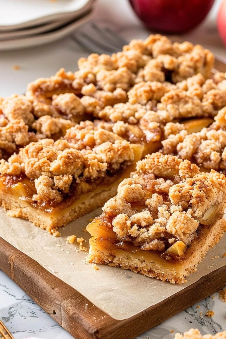 an apple pie is cut into squares on a cutting board with apples in the background