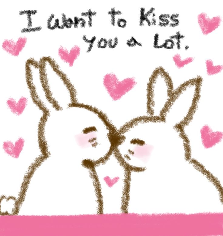 a couple of rabbits kissing each other with hearts in the background and text that says i want to kiss you a lot