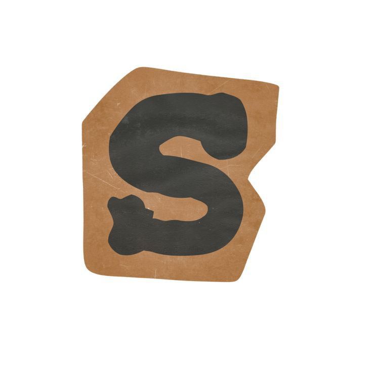 the letter s is made out of brown paper and black letters are in different shapes