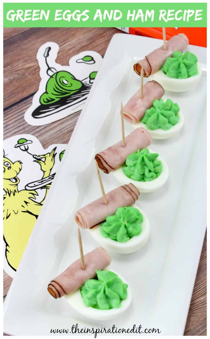 green eggs and ham recipe on a white plate with stickers in the middle for kids to eat