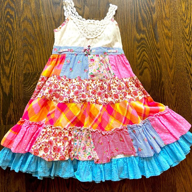 Never Worn Cute Multicolor Dress For Dress-up, Multicolor Ruffle Dress For Dress-up, Multicolor Ruffled Dress For Dress-up, Multicolor Patchwork Sundress For Spring, Spring Multicolor Patchwork Sundress, Cute Multicolor Twirl Dress For Spring, Cute Summer Patchwork Dresses, Whimsical Multicolor Twirl Dress For Spring, Multicolor Twirl Dress For Playtime In Summer