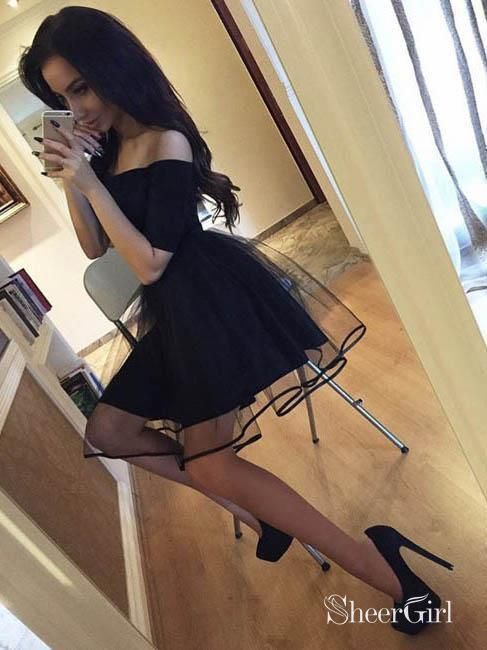 A Line Off the Shoulder Black Homecoming Dresses Chic Little Black Dress ARD1730-SheerGirl Junior Homecoming Dresses, Black Homecoming Dresses, Dress Websites, Short Graduation Dresses, Homecoming Dress Short, Grey Prom Dress, Black Homecoming Dress, Tulle Homecoming Dress, Cheap Homecoming Dresses