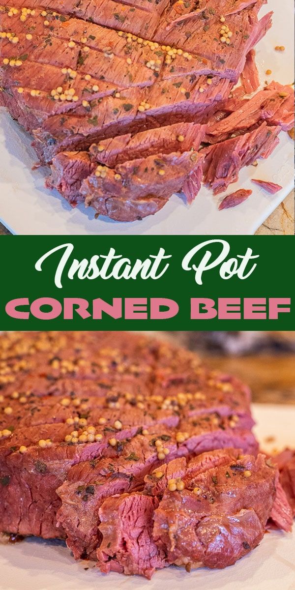 the beef is sliced and ready to be cooked in the oven, with text overlay that reads instant pot corned beef