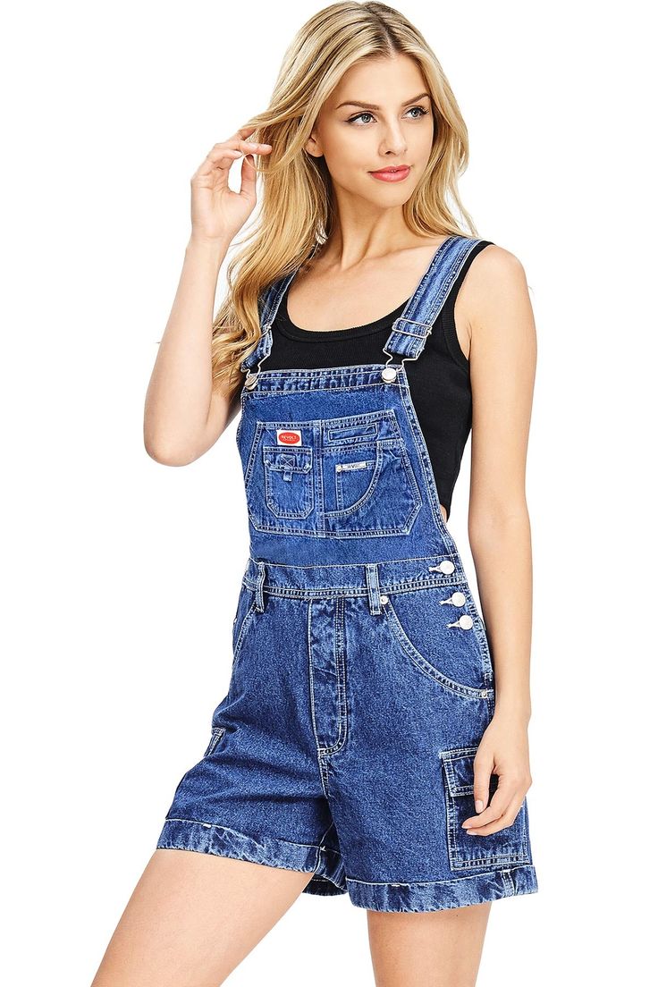 Short overalls with a multi pocket bib with logo patch.Traditional straps with clasp closures. Pockets on the sides and back, button closures at the sides. NO stretch in fabric. Jean Short Overalls Outfit, Short Overalls, Short Torso, Twill Shorts, Casual Summer Outfit, Khaki Chinos, Denim Overalls, Model Photos, Denim Jumpsuit