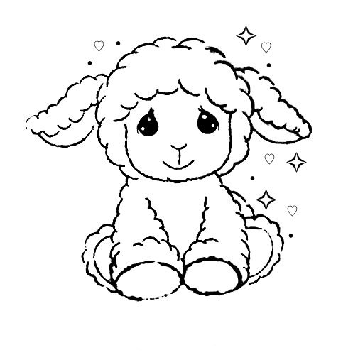 a black and white drawing of a sheep with stars on it's head, sitting down