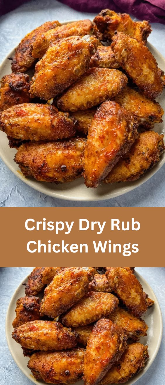 crispy dry rub chicken wings on a plate with the words crispy dry rub chicken wings