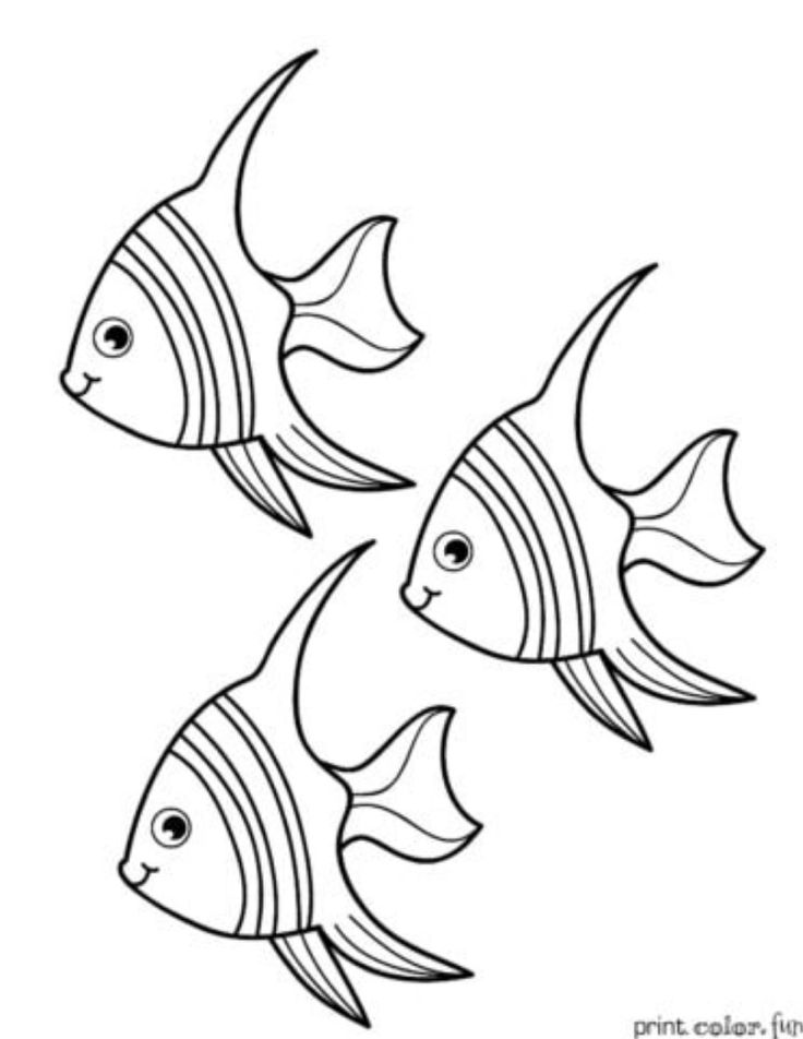 three fish swimming in the ocean coloring page