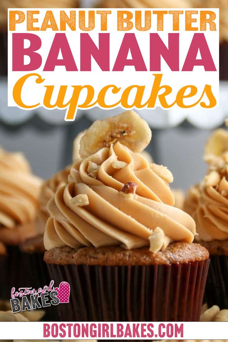 peanut butter banana cupcakes with frosting on top