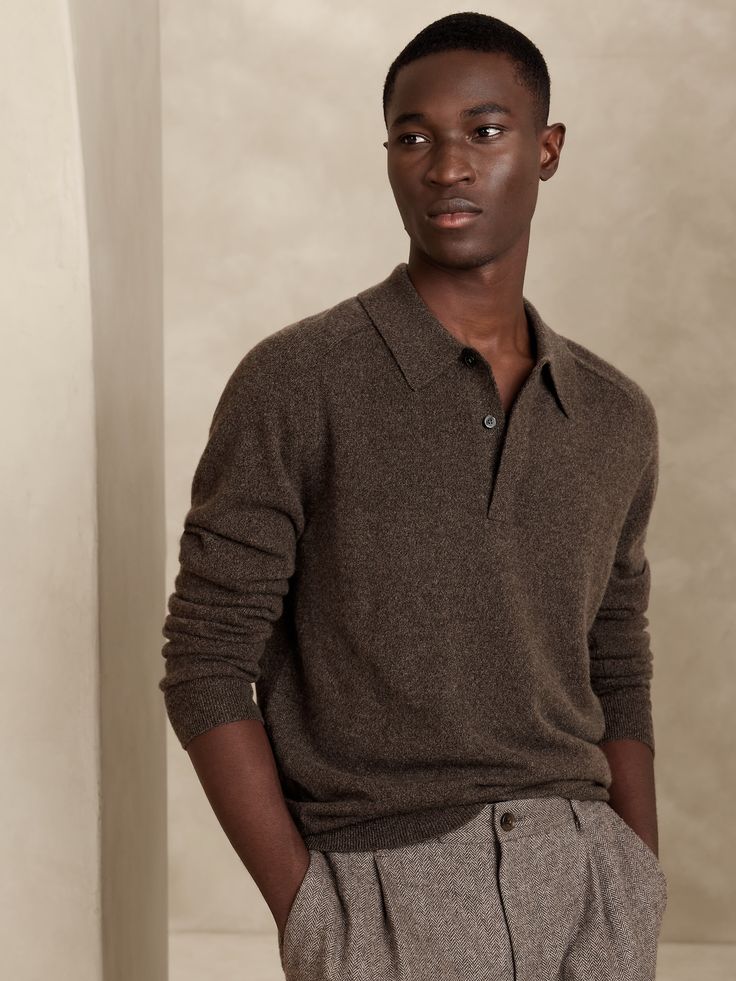 Timeless luxury, this classic sweater polo is made from our incredible, 100% cashmere for exceptional softness and warmth, featuring a saddle-style shoulder seam and concealed placket detail for timeless appeal.  GOOD CASHMERE STANDARD™: The cashmere for this product is produced according to the Good Cashmere Standard™, which aims to improve the welfare of the cashmere goats, protect natural resources, and support local farmers.  Polo collar with button placket.  Straight hem.  Standard fit.  Long sleeves.  Hip length.  Body length (size M): Regular 27" Tall 29" Sleeve length: Regular 34" Tall 36" Model: Size M, 6'2" (188cm). Mens Academic Style, Luxury Men's Polo Sweater, Mens Cashmere Sweater Outfit, Luxury Classic Men's Polo Sweater, Luxury Brown Cashmere Polo Sweater, Luxury Ribbed Men's Polo Sweater, Mans Clothes, Sweater With Collar, Sweater Polo