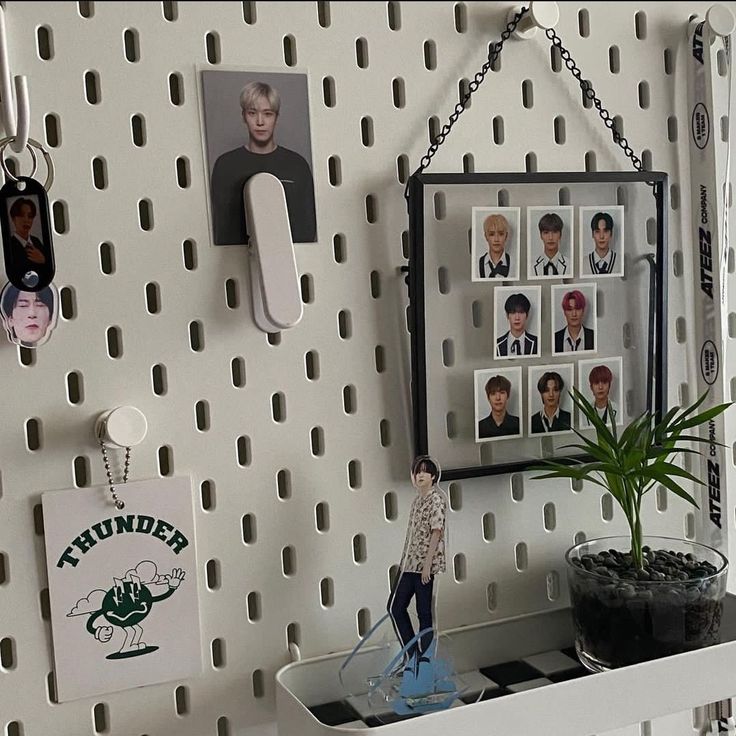 there is a shelf with pictures on it and a potted plant in the corner