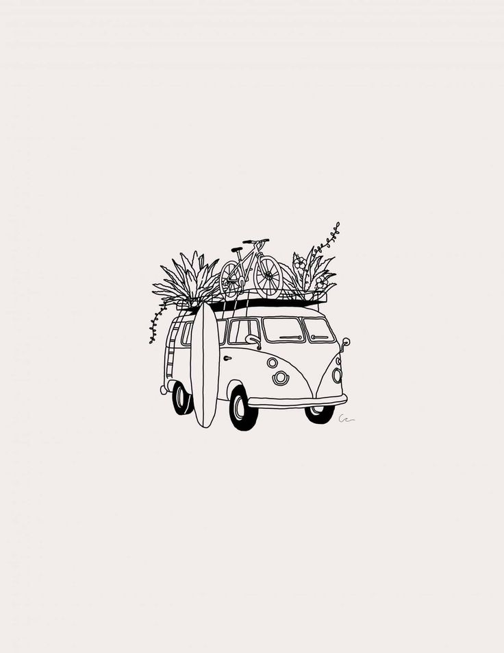 an old vw van with surfboards and plants on top is shown in black and white