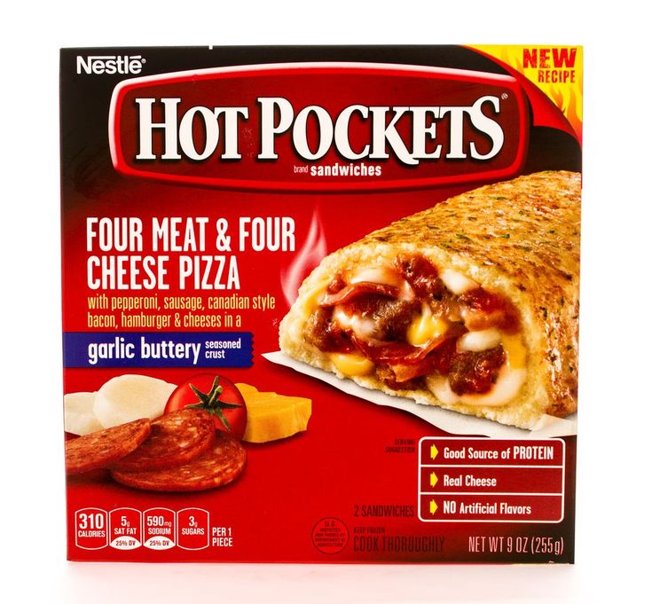 a box of hot pockets with meat and four cheese pizza