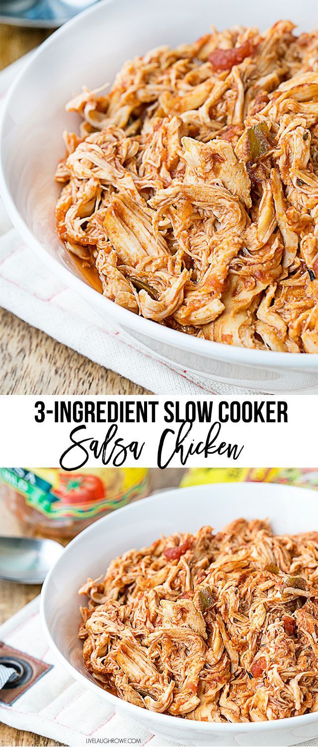 three different pictures of shredded slow cooker salsa chicken in white bowls on a wooden table