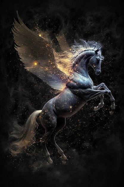 a black and white horse with wings flying through the air, surrounded by stars in the night sky