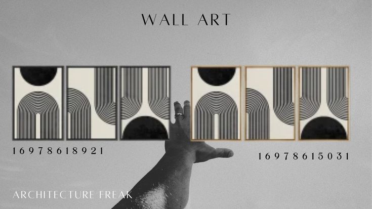 an advertisement for wall art with black and white artwork on it's sides, in front of a gray background