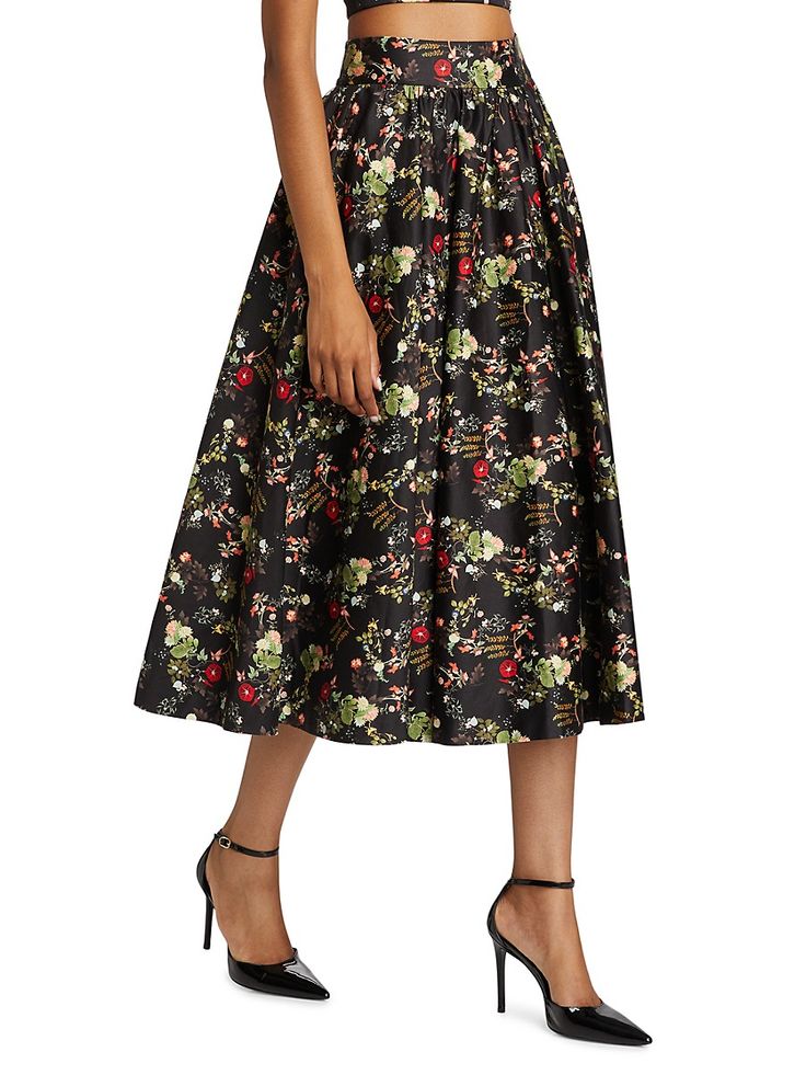 "Find ALICE + OLIVIA Nilda Floral Midi-skirt on Editorialist. Crafted of sateen cotton, Alice + Olivia's midi-skirt flaunts a wildflower floral print and a voluminous flared silhouette. Banded waist Back-zip closure 97% cotton/3% elastane Lining: 52% nylon/48% polyester Dry clean Imported SIZE & FIT About 51\" from shoulder to hem Model measurements: 5'10\" tall Model is wearing a US size 4 ABOUT THE BRAND Founder Stacey Bendet has been embracing bold color, eclectic prints and an overall passion for whimsy since launching Alice + Olivia in 2002. From party-ready dresses to statement tops and everything in between, she's created a playful and overtly feminine aesthetic that's uniquely her own. Alice + Olivia. Color: Blush Kiss Black. Size: 10." Statement Tops, Eclectic Prints, Stacey Bendet, Color Blush, Floral Midi Skirt, Feminine Aesthetic, Bold Color, Tall Model, Alice Olivia