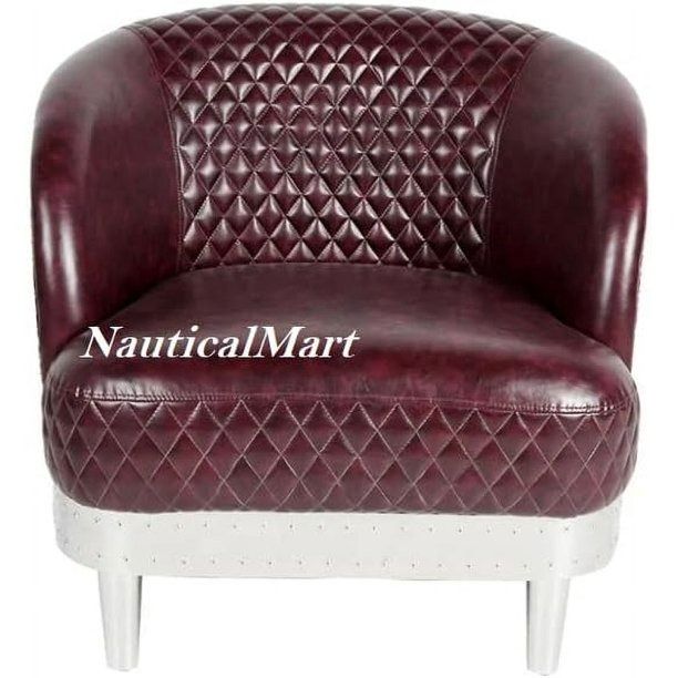 a red and white chair with the words nautical mart on it's back side