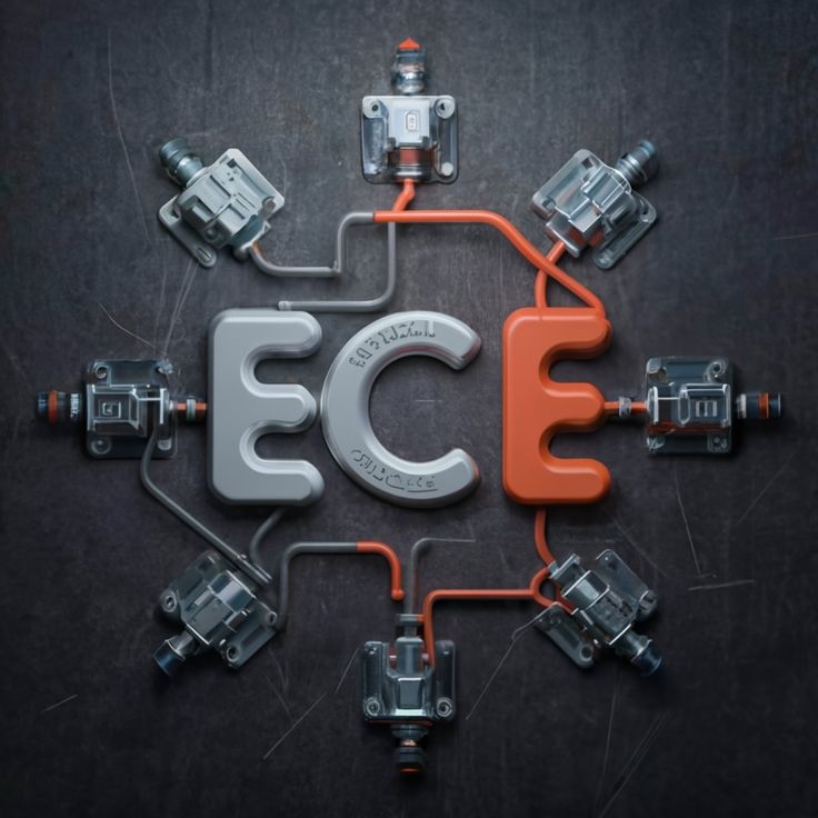 the ec logo is surrounded by many different types of electrical devices and wires on a dark surface