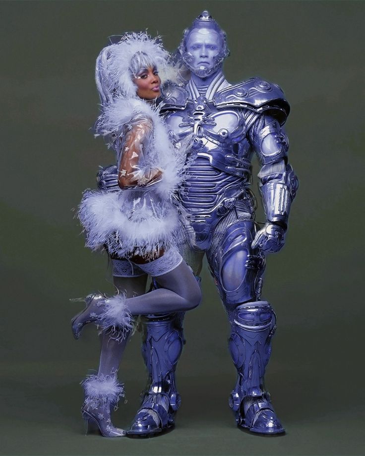 two people dressed in costumes standing next to each other on a gray background with one person wearing a silver suit and the other holding a white feathered costume