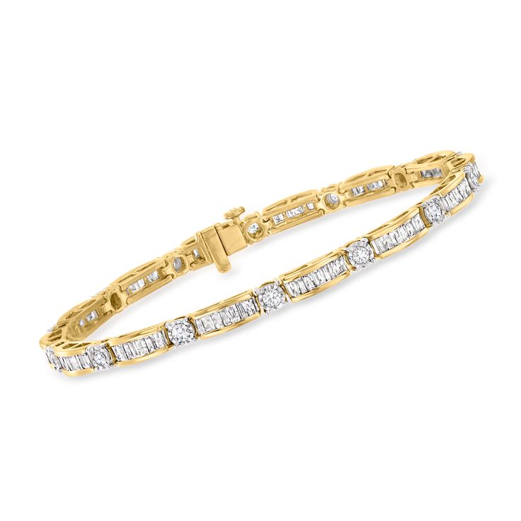 Ross-Simons - 3.00ct t. w. Baguette, Round Diamond Bracelet Over Sterling. 7". Our stunning bracelet features 3.00 ct. t. w. baguette and round brilliant-cut diamonds in white rhodium that exude the most elegant sparkle possible. Shining in 18kt yellow gold over sterling silver. Single-latch safety. Push-button clasp, diamond bracelet. Diamond birthstones are the perfect gift for April birthdays. Round Diamond Bracelet, Bracelet Diamond, Diamond Birthstone, Natural Gold, Fine Jewelry Bracelets, Baguette Diamond, Diamond Bracelets, Round Brilliant Cut Diamond, Brilliant Cut Diamond