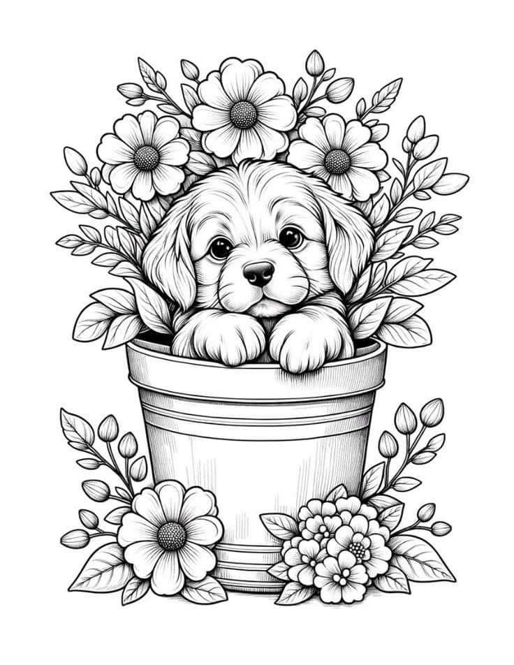 a dog sitting in a flower pot with flowers around it's neck and head