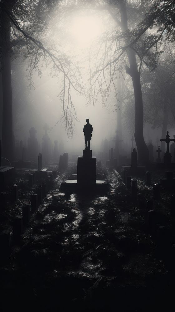 a cemetery in the fog with tombstones and trees on either side at night time