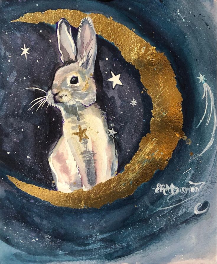 a painting of a rabbit sitting on top of a moon with stars in the sky