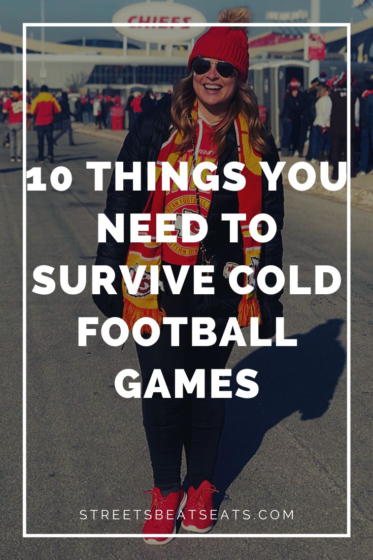 a woman in red hat and scarf with text overlay that reads 10 things you need to survive cold football games