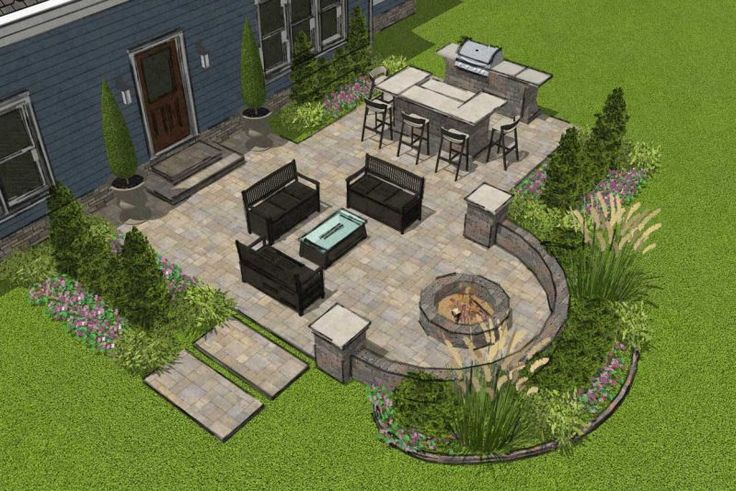 an outdoor patio with seating and fire pit