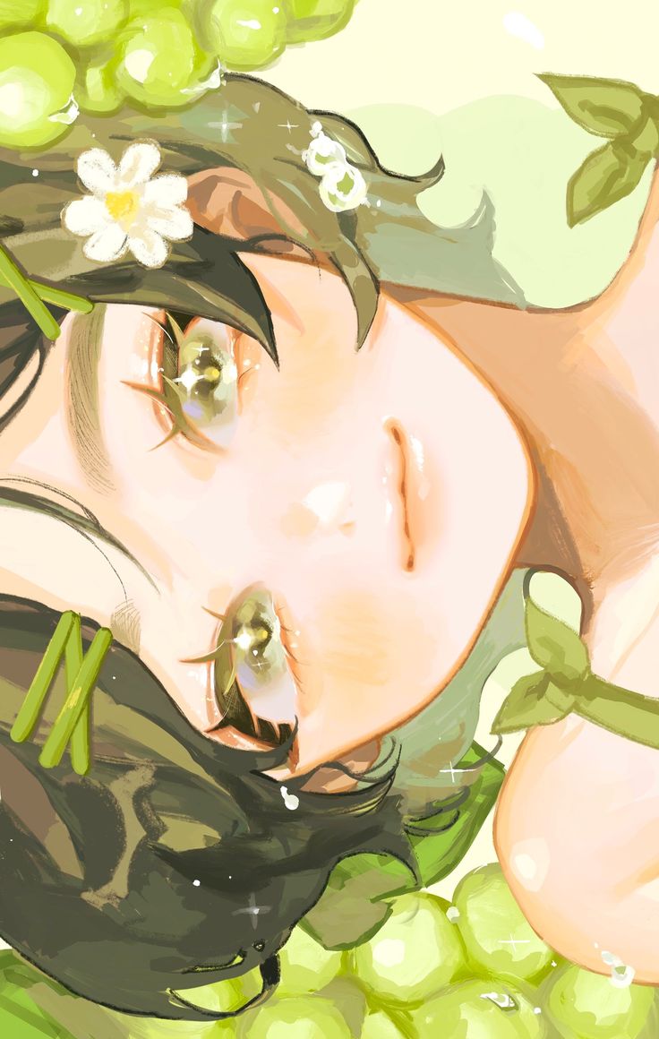 a girl with flowers in her hair and green leaves around her neck, looking up at the sky