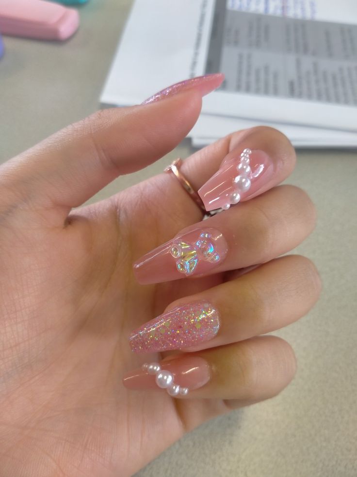 Pink jelly nails, Glitter nails, pearls, gummy bear Nails Acrylic Jelly, Jelly Nails With Pearls, Gummy Bears Nails Design, Pink Gummy Bear Acrylic Nails, Nails Gummy Bear, Pink Nails Ideas With Diamonds, Pearl Nails Art, Pearl Jelly Nails, 3d Bear Nails