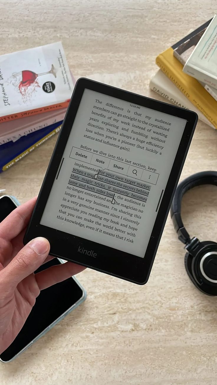 a person holding an electronic device with headphones and books on the table next to it