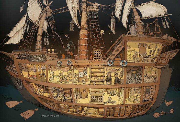 an illustration of a pirate ship with lots of sails and other things on the deck