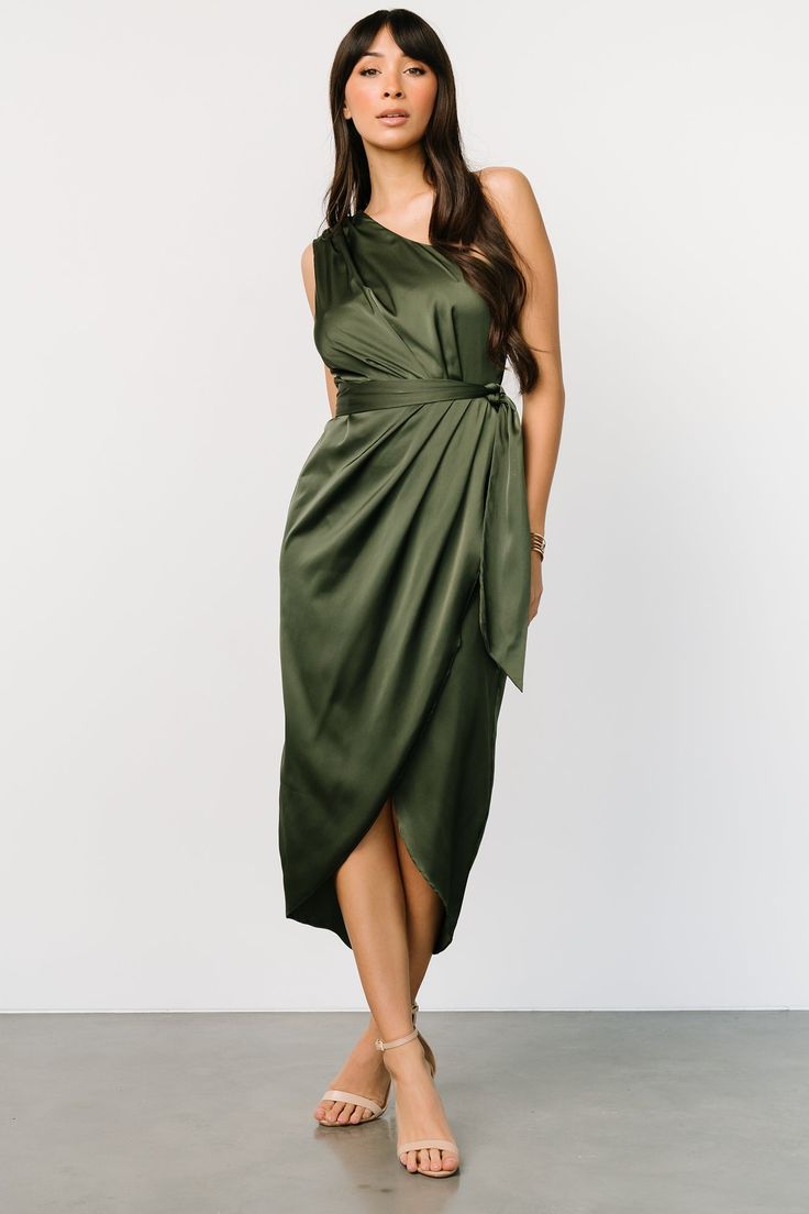 Dark Green Satin Dress, Modern Goddess, Style Midi Skirt, Green Satin Dress, Bridal Party Outfit, Olive Dress, Baltic Born, One Shoulder Midi Dress, Black Satin Dress