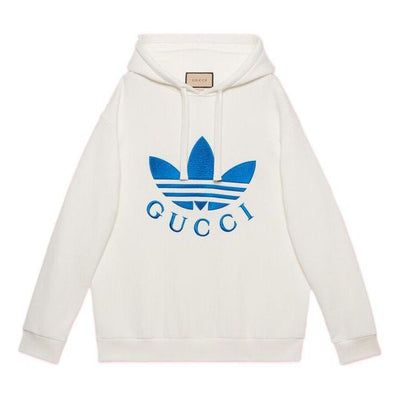 Gucci x adidas Hoodie 'White Blue' 702607-XJEDA-9088 White Hoodie With Logo Detail For Spring, Gucci Sweatshirt With Ribbed Cuffs For Winter, White Logo Hoodie For Spring, Gucci Sweatshirt With Drawstring Hood For Fall, Winter Gucci Sweatshirt With Ribbed Cuffs, Gucci Sporty Sweatshirt For Fall, Gucci Sporty Sweatshirt With Ribbed Cuffs, Sporty Gucci Hoodie For Fall, Gucci Cotton Outerwear For Spring