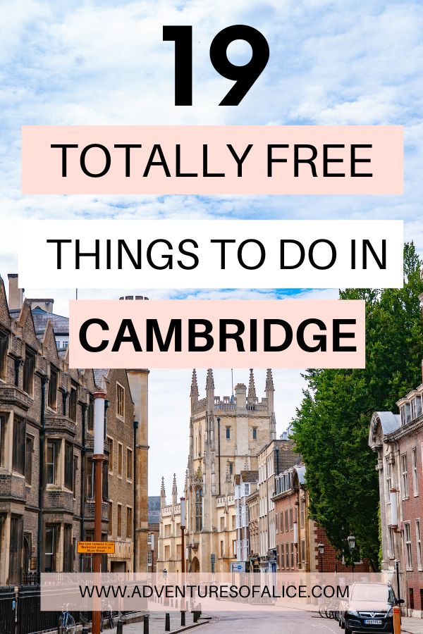 a street with buildings in the background and text overlay that reads 19 totally free things to do in cambridge