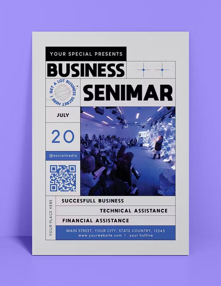 a business seminar poster on a purple background