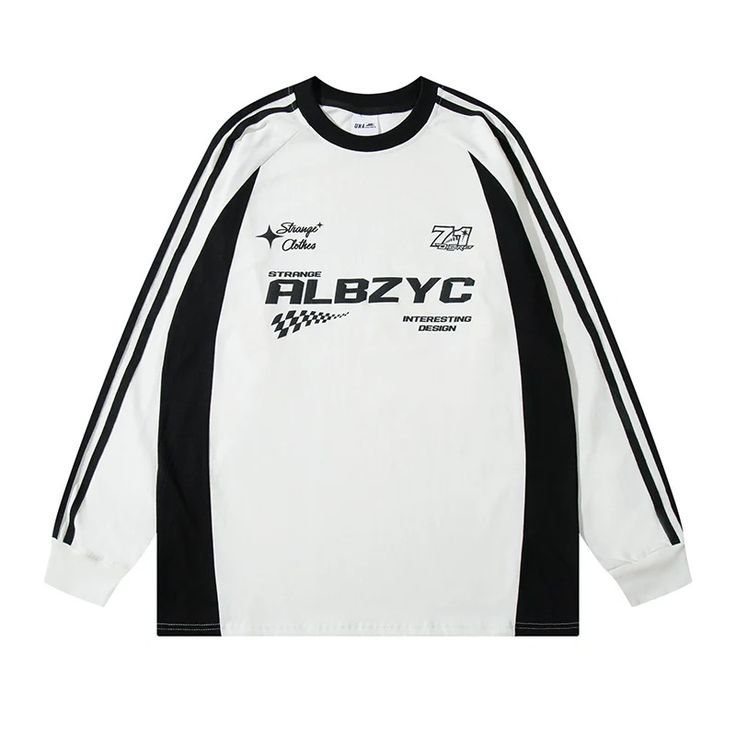 ALBZYC 71 T-shirt - h0neybear Winter Varsity Long Sleeve T-shirt, Sporty White Tops With Striped Sleeves, Crew Neck T-shirt For Streetwear Athleisure, Streetwear Raglan Sleeve Tops With Letter Print, Casual Streetwear T-shirt With Side Stripes, Trendy Long Sleeve Sports Sweatshirt, Athleisure Raglan Sleeve Tops For Streetwear, Trendy Long Sleeve Sweatshirt For Sports, Winter Streetwear Tops With Raglan Sleeves