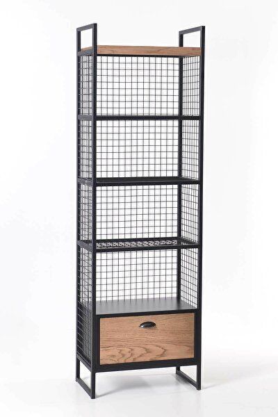 an industrial shelving unit with drawers and wire mesh on the top, in black