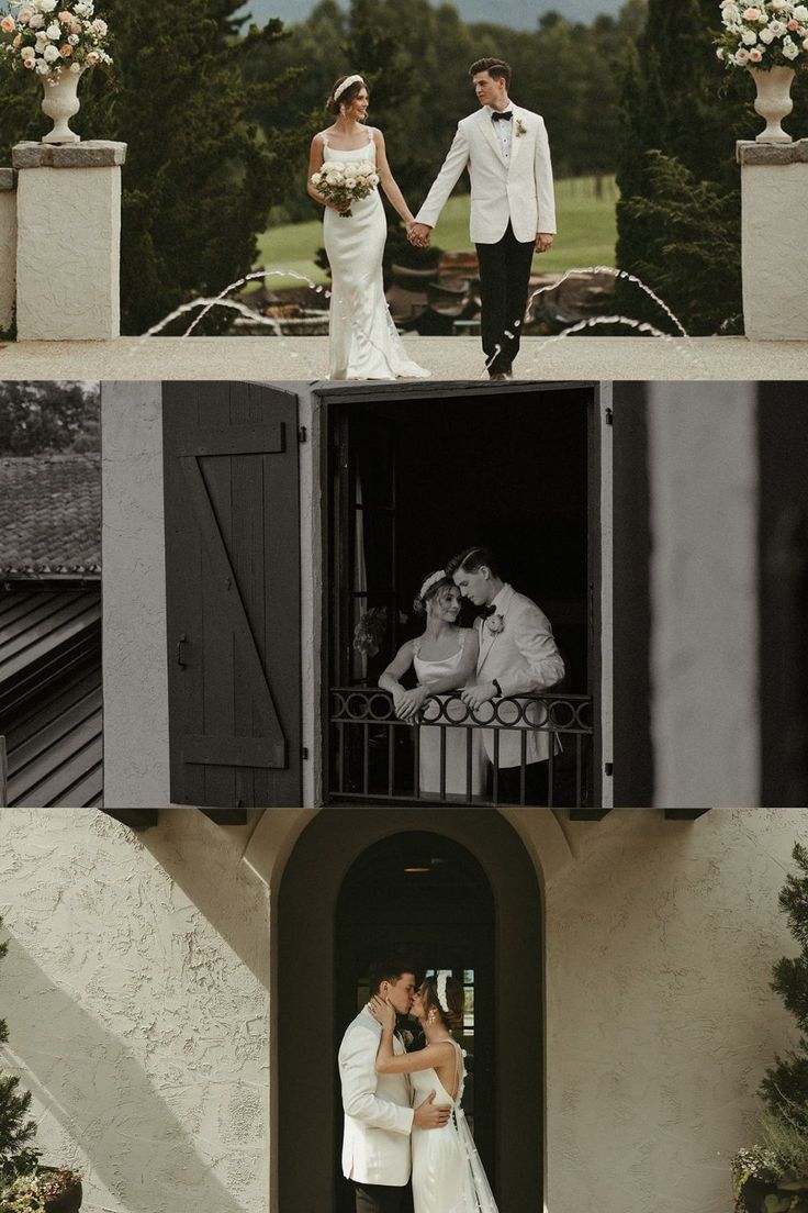 the bride and groom are posing for pictures