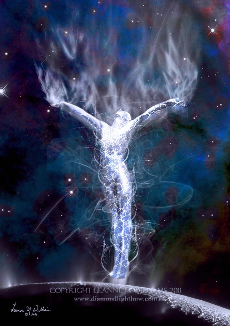 an artistic image of a person with their arms spread out in the air, surrounded by stars