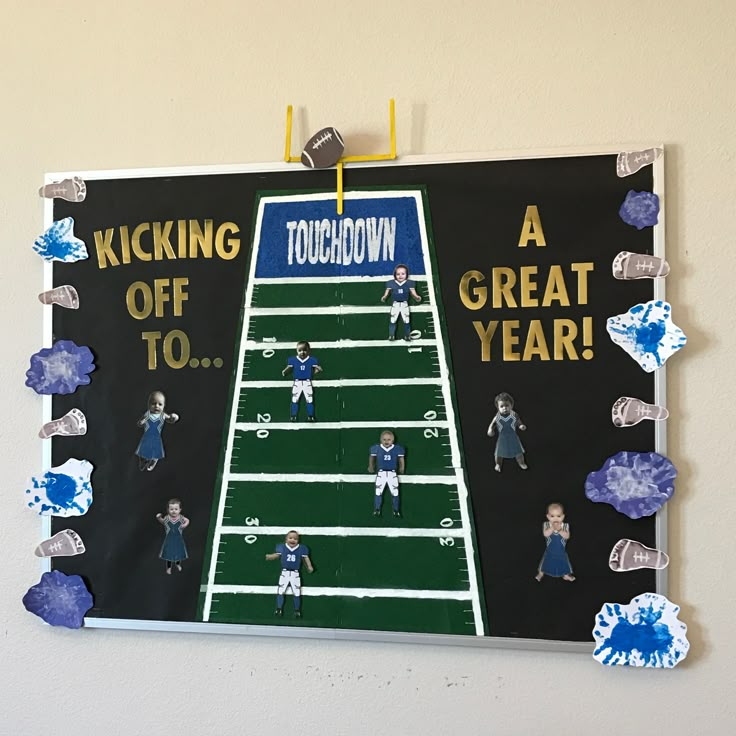 a bulletin board with paper cutouts on it that says kicking out of great year