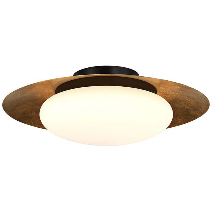 an overhead view of a ceiling fixture with a white light in the center and brown trim