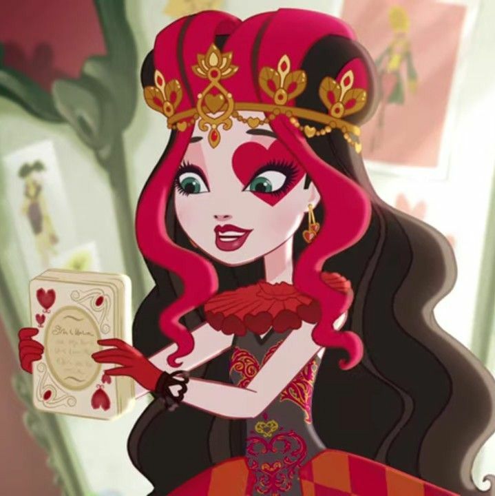 a cartoon character with red hair and makeup holding a card in her hand while looking at the camera