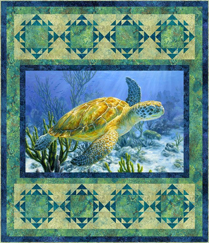 a painting of a turtle in the ocean with seaweed and corals on it's sides