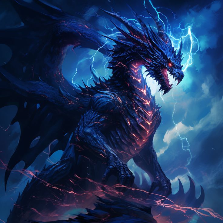 a dark blue dragon with lightning in the background