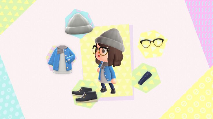 an animal crossing character is surrounded by clothing and accessories on a colorful geometric pattern background