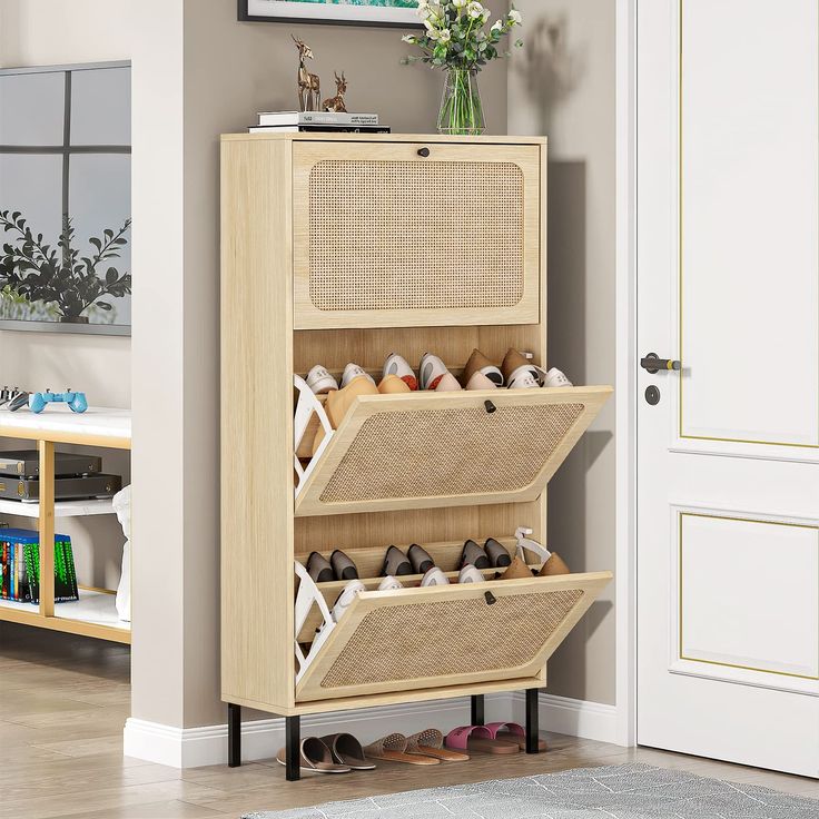 a shoe rack with baskets on it in a living room